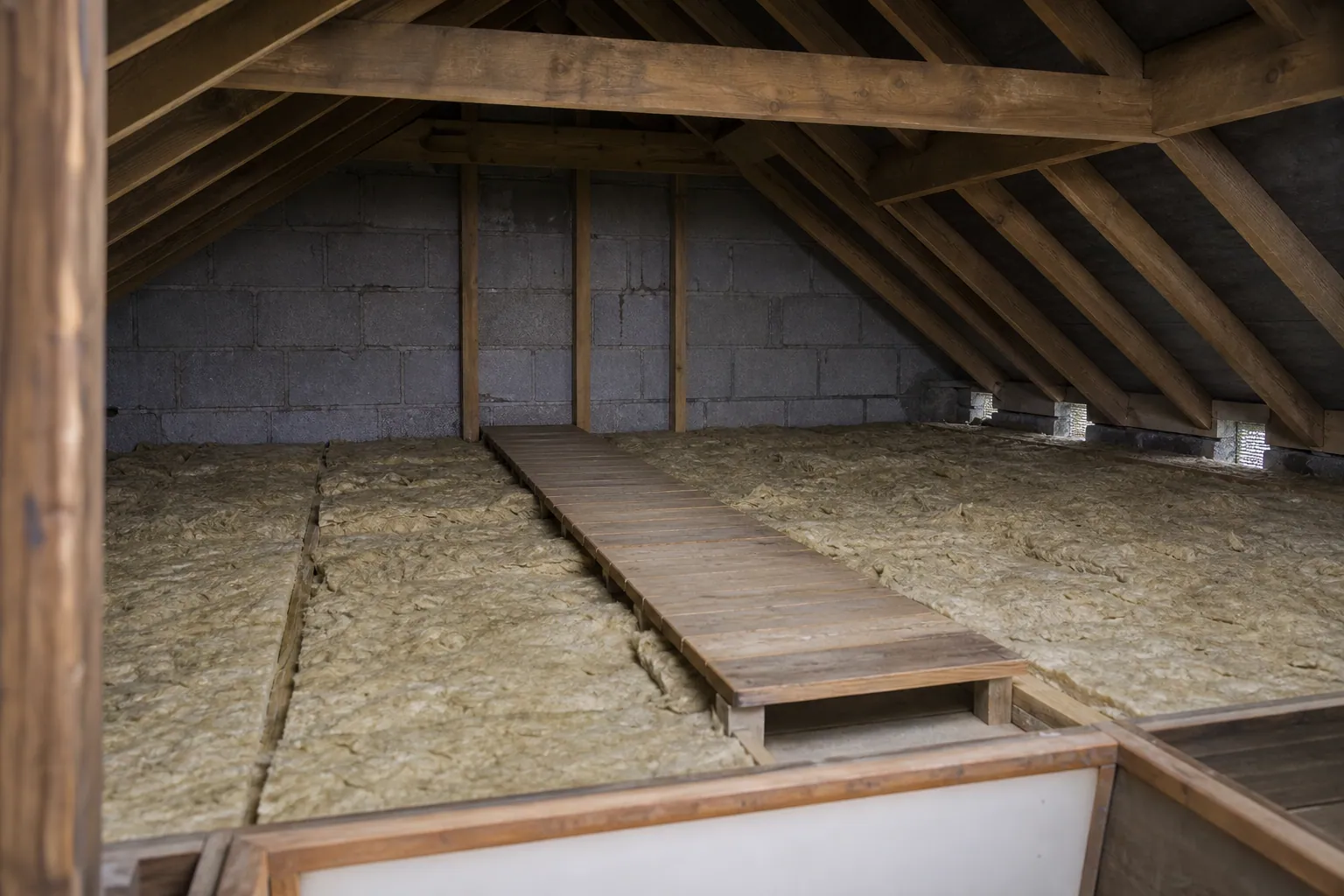 Mineral-wool insulation and a raised timber walkway beneath exposed rafters in a modest house loft.