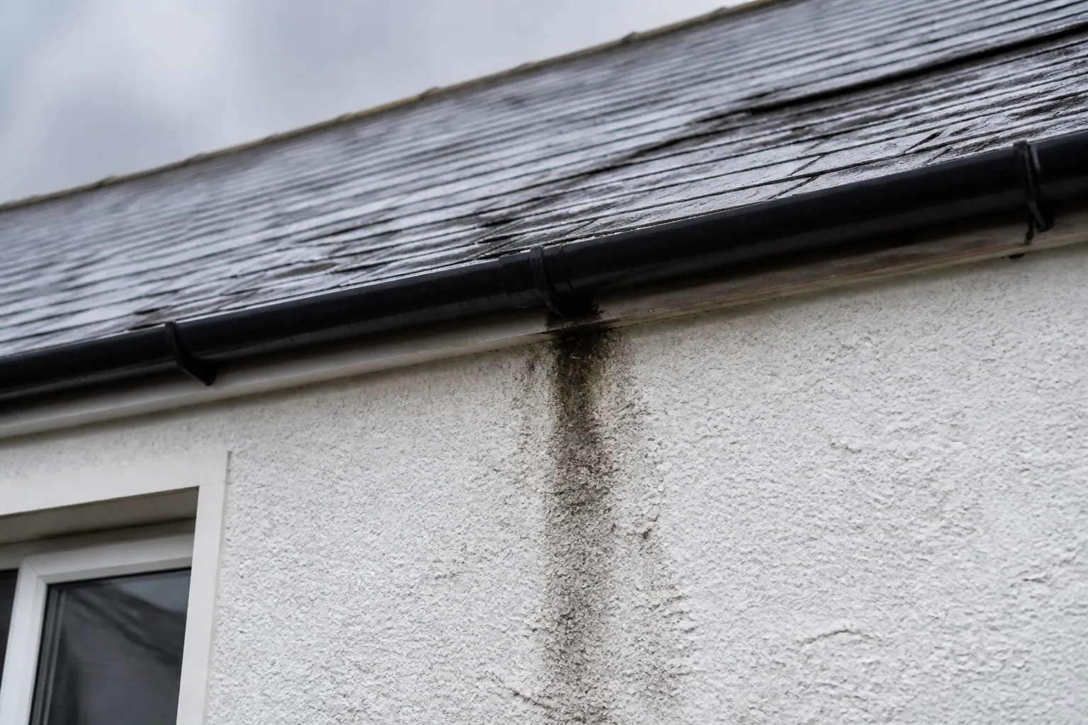 Dark water staining below a black gutter joint on a white rendered house beneath a wet slate roof.