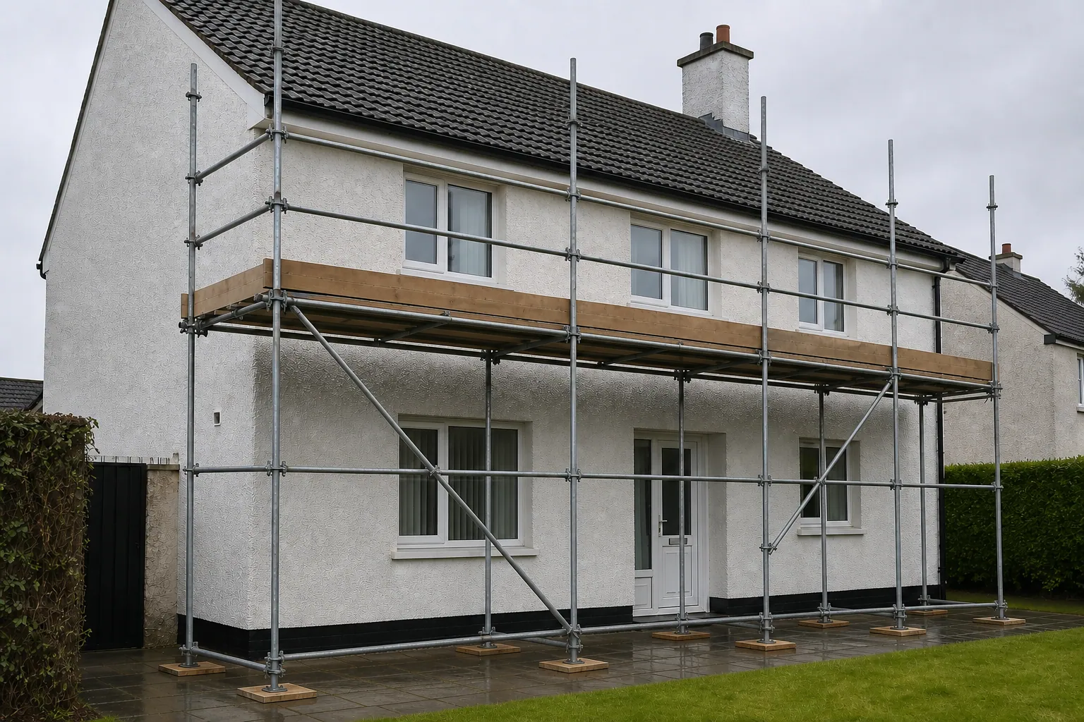 Stationary scaffold beside a white pebbledash Irish-style house with a dark tiled roof on an overcast day.