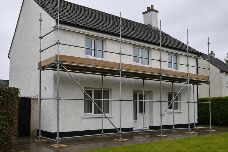 Stationary scaffold beside a white pebbledash Irish-style house with a dark tiled roof on an overcast day.