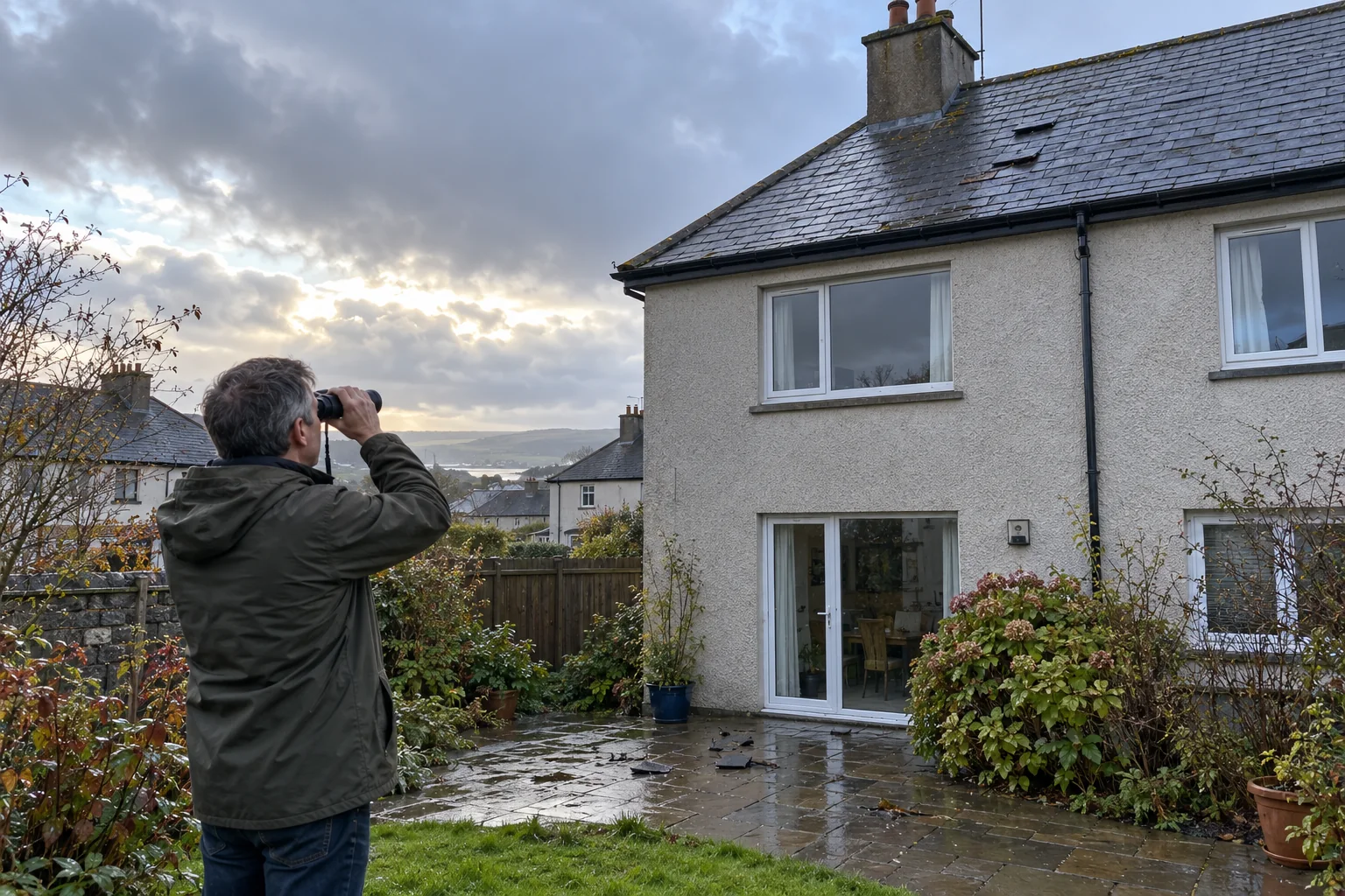 A homeowner uses binoculars from a wet back garden to inspect slipped slates on an Irish rendered house after a storm.