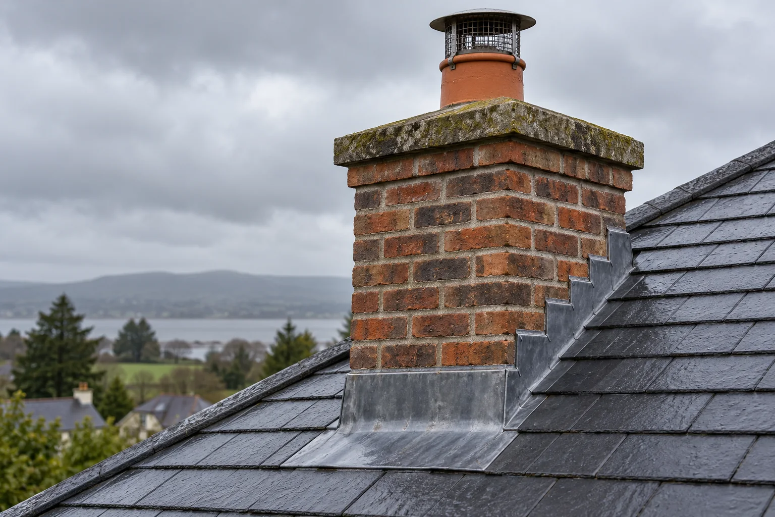 A brick chimney, slate roof and stepped lead flashing seen clearly in wet Irish weather.