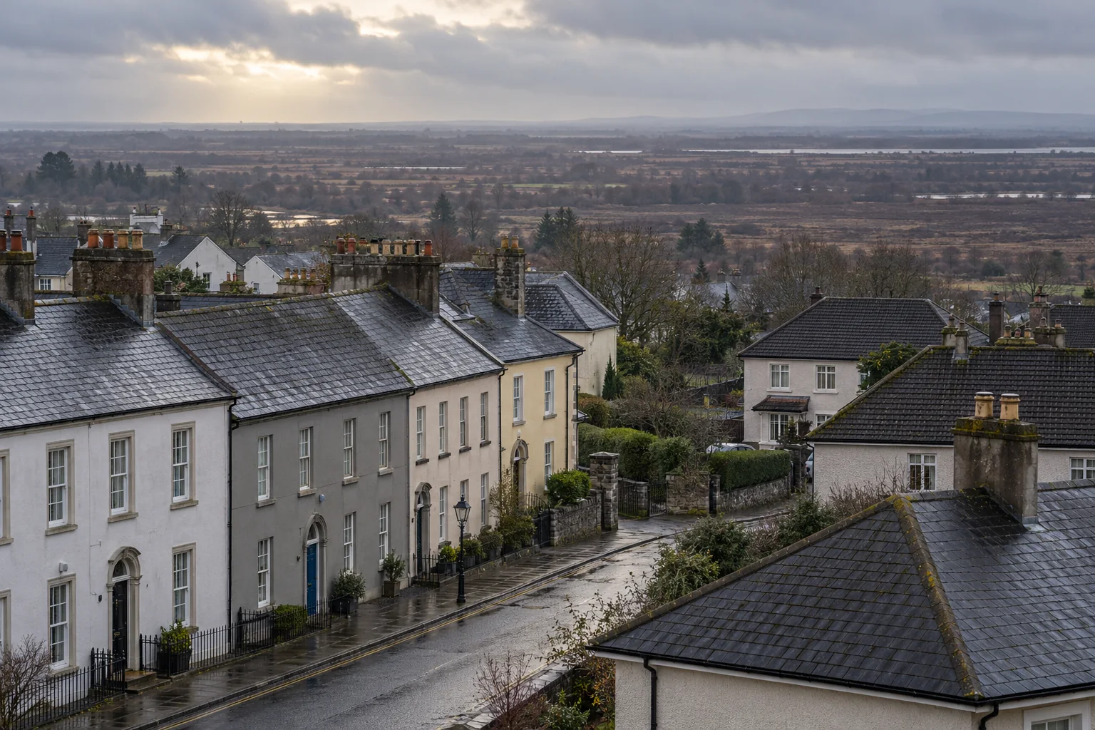 Slate-roofed town houses and tiled Irish homes overlook a wet midlands landscape and bogland horizon.