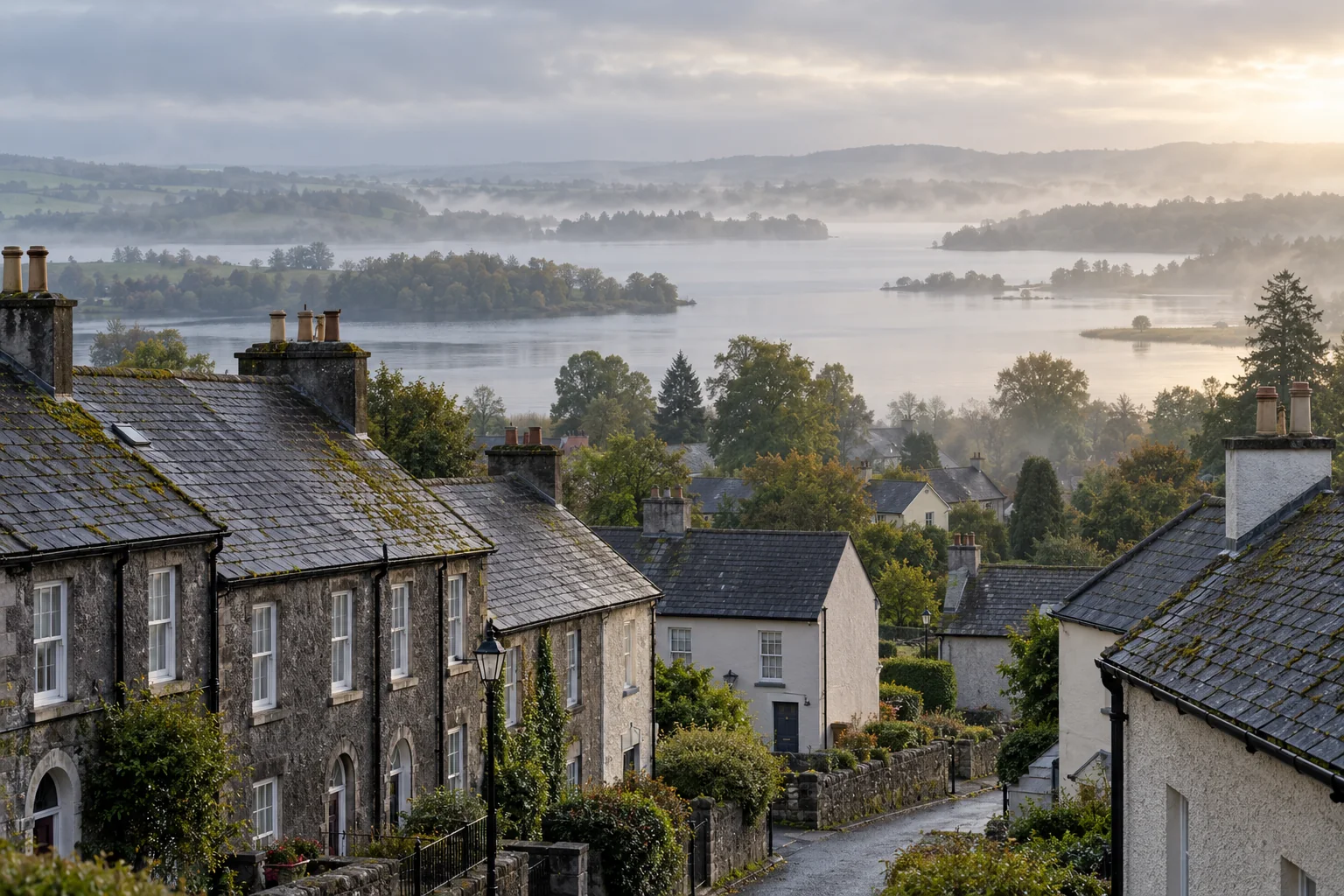 Slate-roofed Irish homes overlook a misty midlands lake in soft morning light.