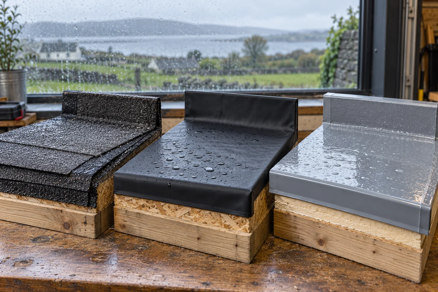 Bituminous felt, black EPDM membrane and grey fibreglass roof samples arranged side by side.
