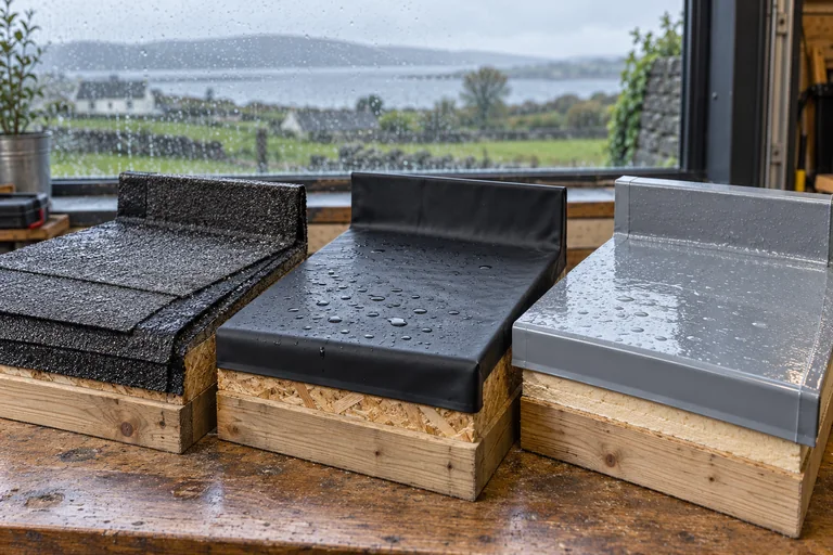 Bituminous felt, black EPDM membrane and grey fibreglass roof samples arranged side by side.