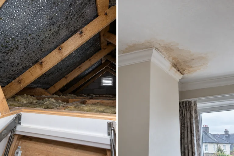 Widespread attic condensation droplets compared with a localised brown ceiling leak stain.