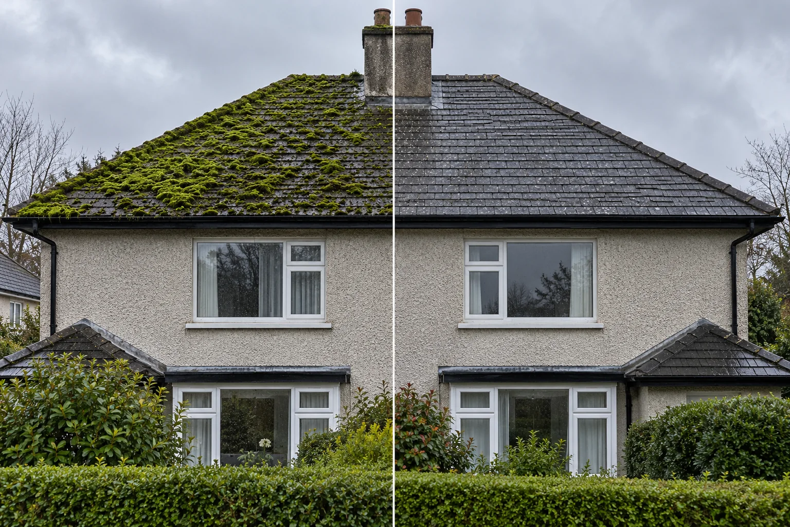 The same Irish house roof shown with heavy moss on one half and professionally cleaned on the other.