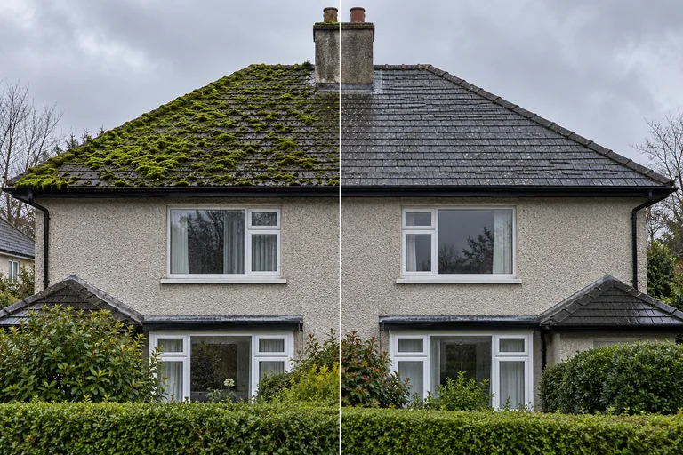 The same Irish house roof shown with heavy moss on one half and professionally cleaned on the other.