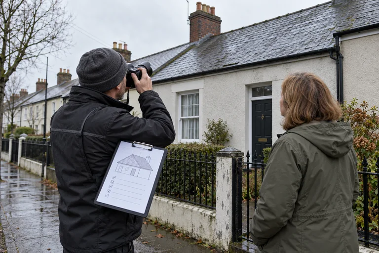 A roofer photographs a slate roof from the pavement while a homeowner observes and a condition checklist hangs from a clipboard.