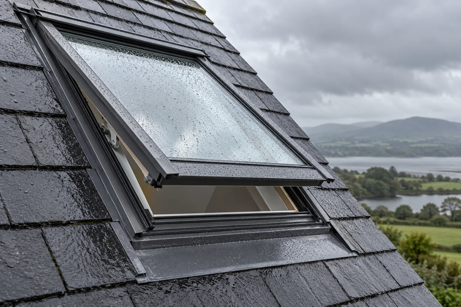 A modern roof window, dark slate covering and metal flashing apron after rain.