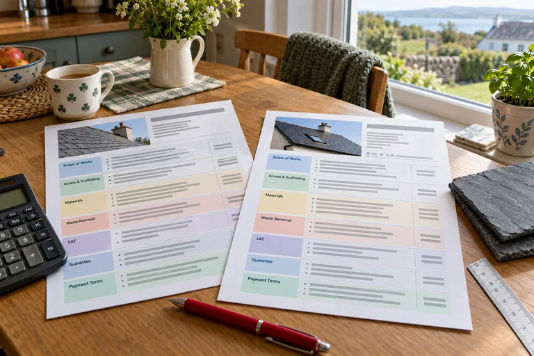 Two fictional itemised roofing quotations beside a calculator, red pen and slate samples on a kitchen table.