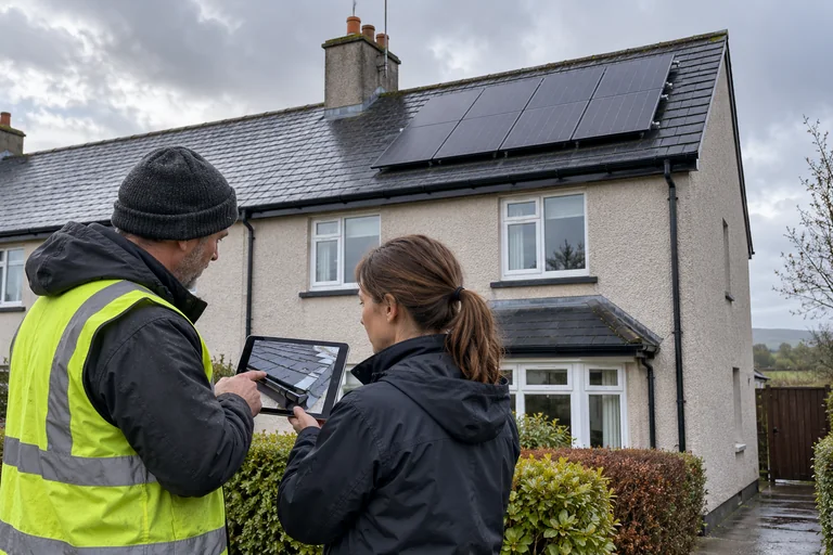 A roofer and solar surveyor assess a slate-roofed Irish home from ground level while solar panels sit above.