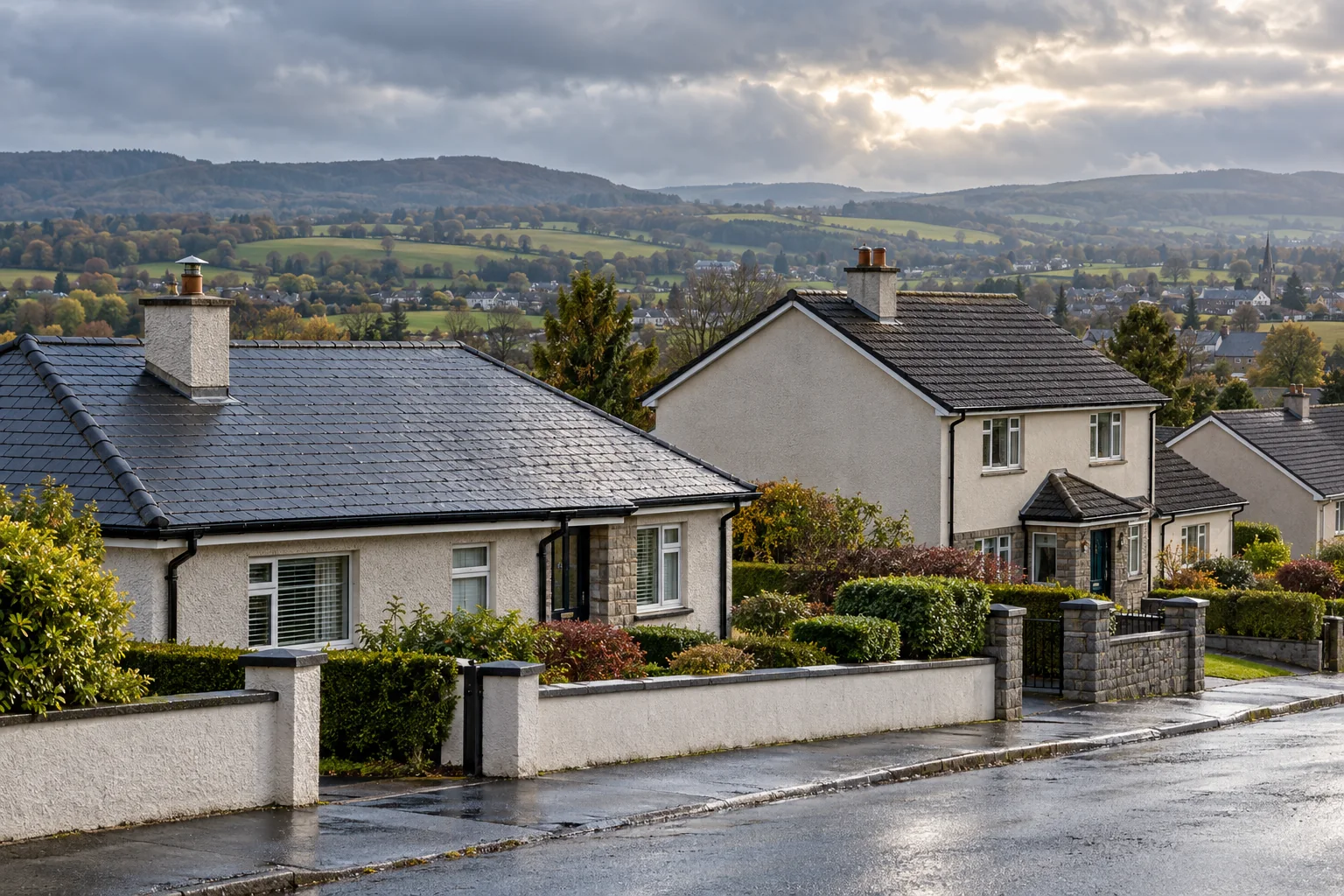 Rendered Irish homes with dark pitched roofs overlooking wet streets and rolling farmland.