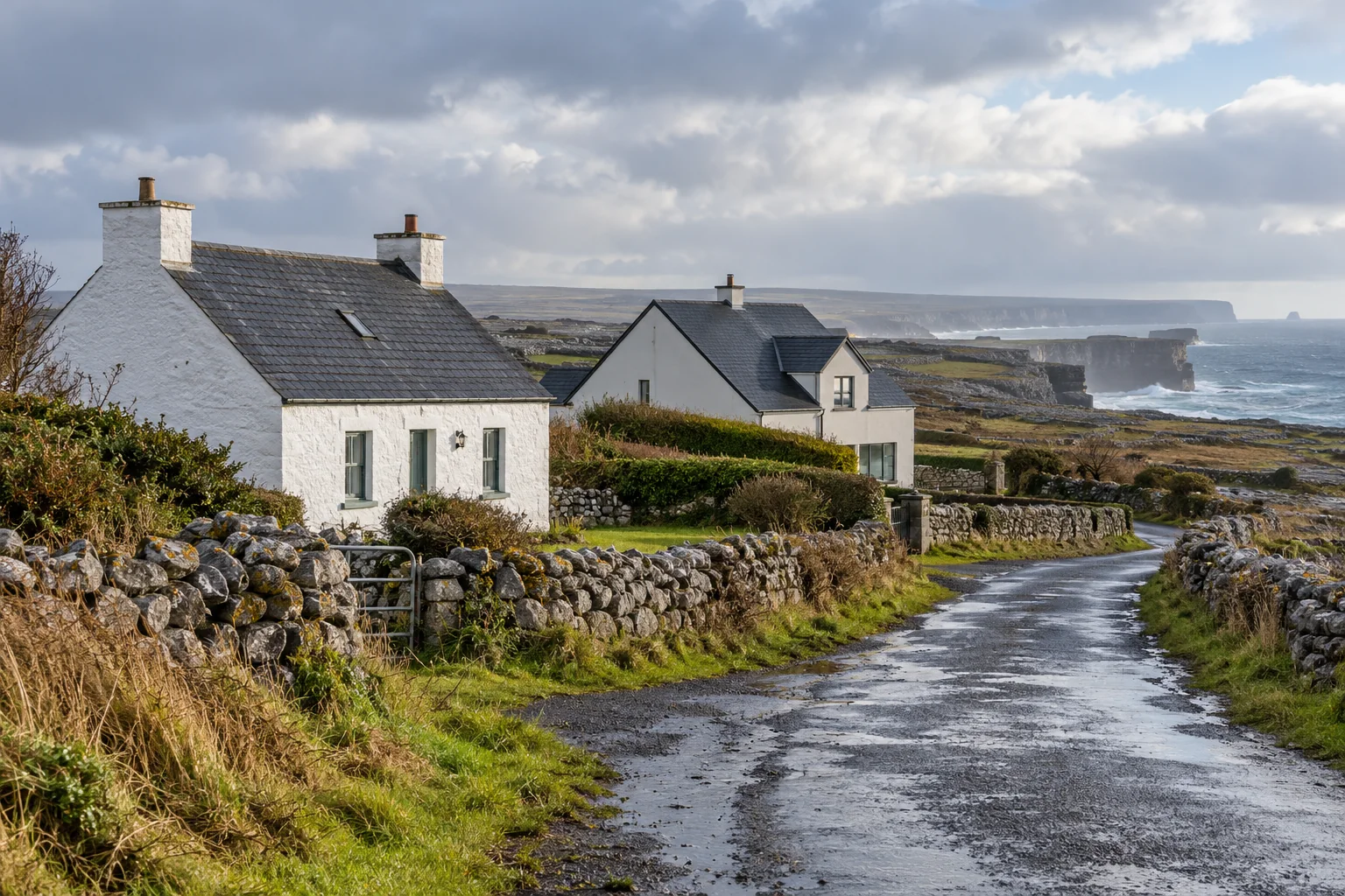 Rendered homes with dark slate roofs beside limestone walls and a rain-darkened Atlantic road.