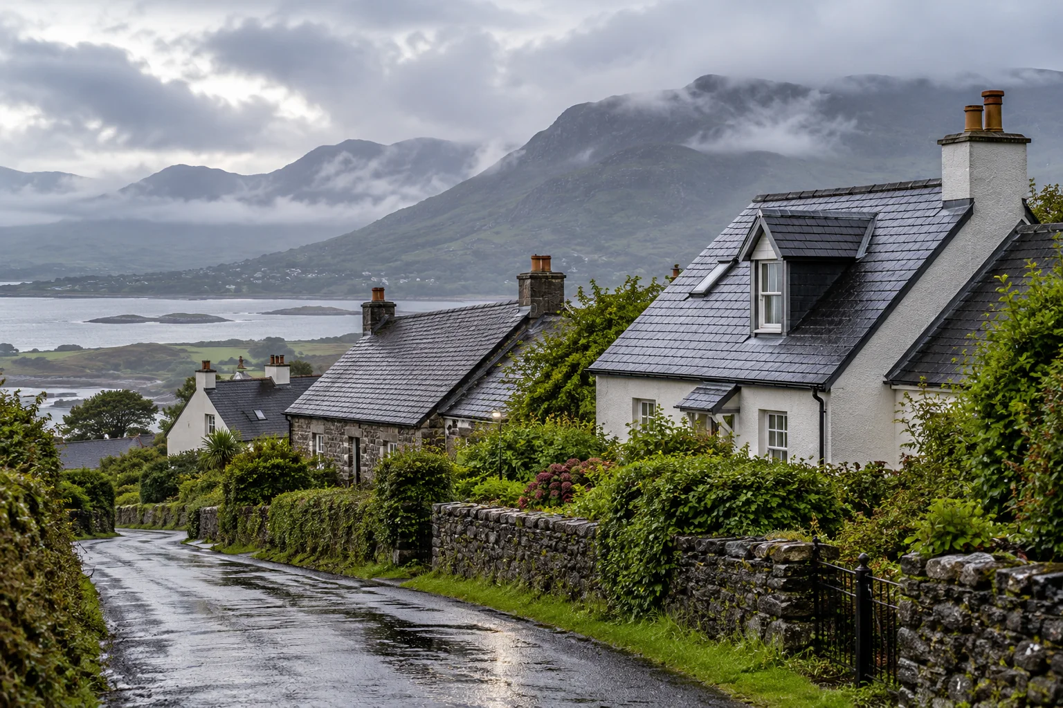 Slate-roofed rendered homes among wet hedgerows with misty mountain foothills beyond.