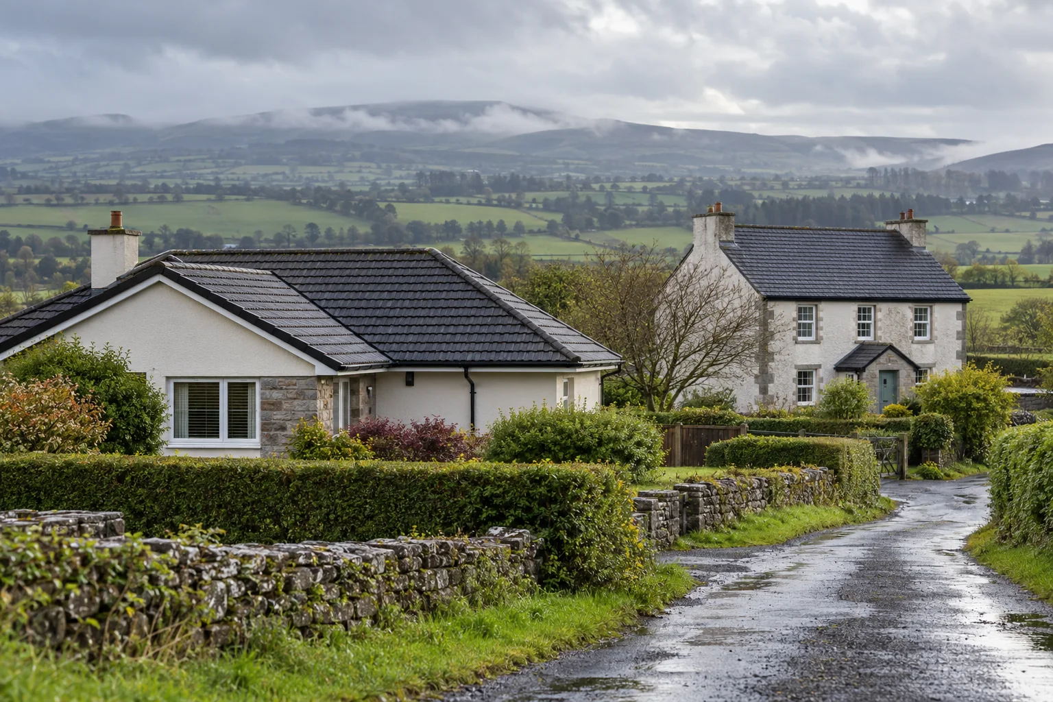 A tiled-roof bungalow and slate-roof farmhouse beside a wet rural lane and misty uplands.