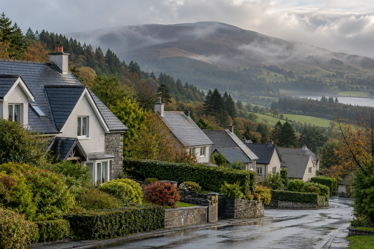 Slate-roofed rendered homes on a wooded hillside with mist over rounded uplands after rain.