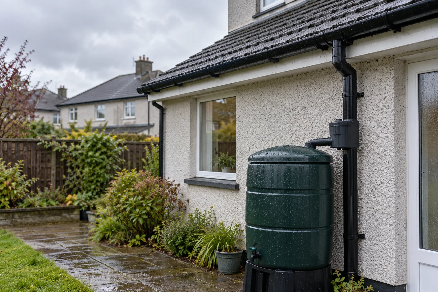 Black rainwater goods feed a covered green water butt beside a rendered Irish home after rain.