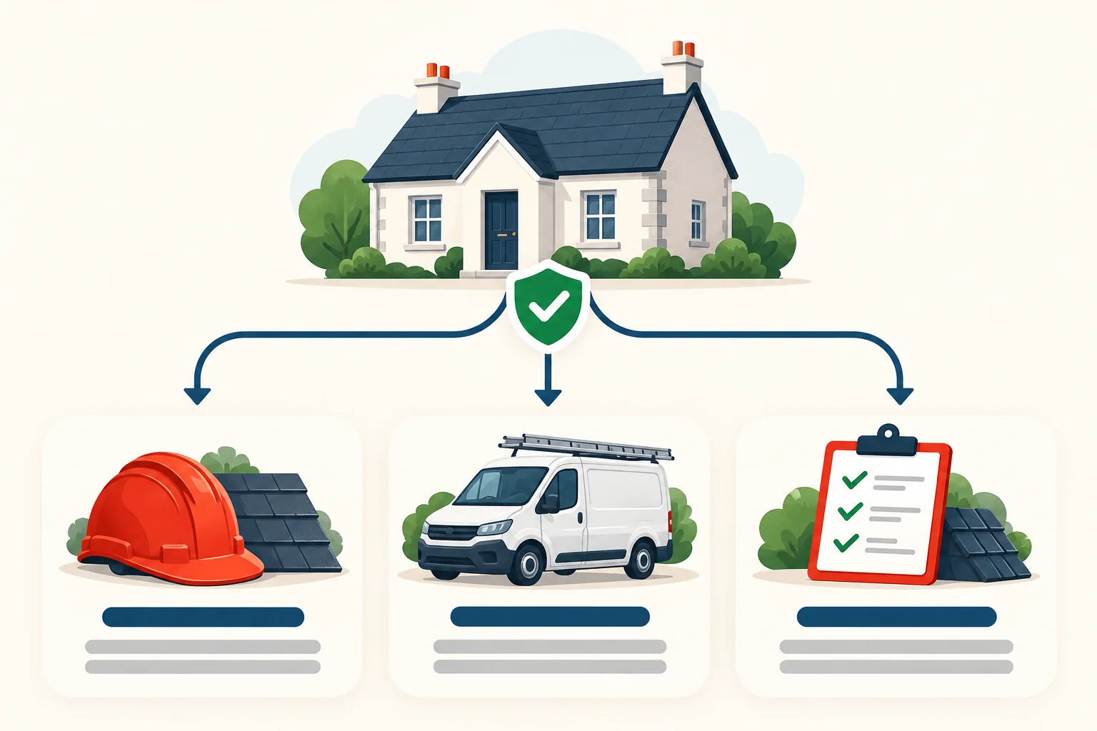 An Irish home connects through a verification symbol to three independent roofing-business symbols.